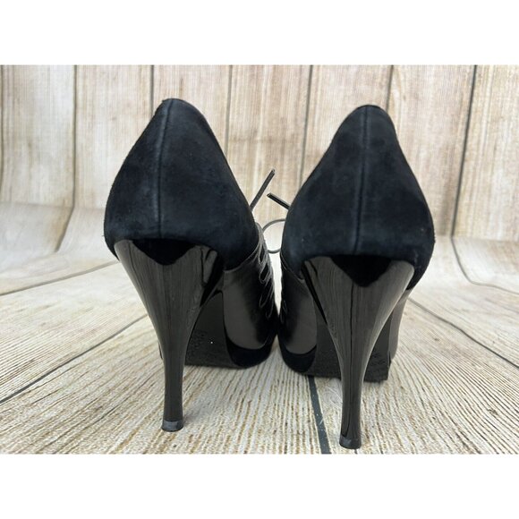 Calvin Klein Lace Up Heels Pumps Retro Pinup Sz 8M Black Silver Suede Leather - Picture 4 of 8